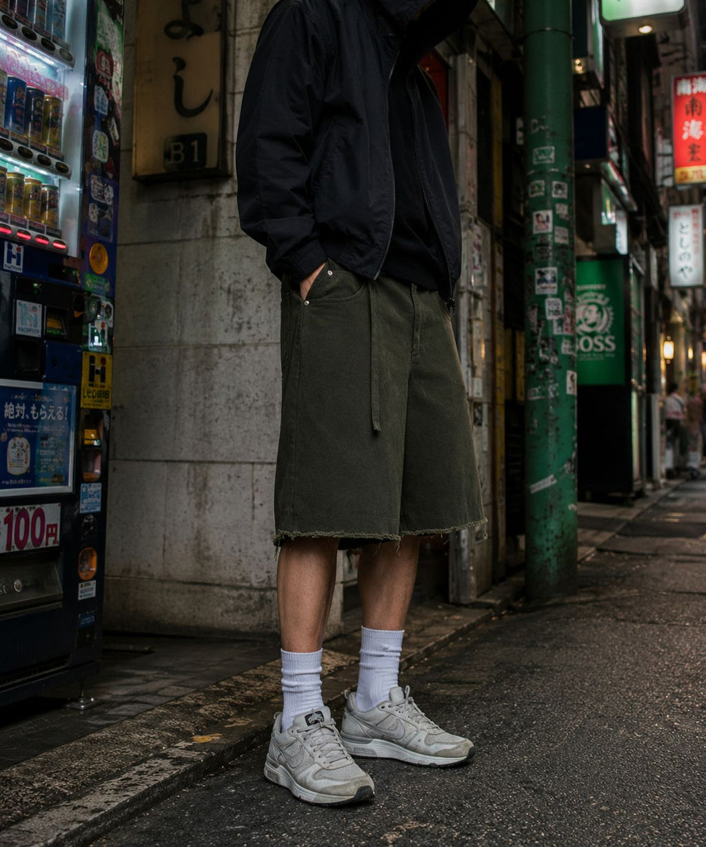 Deep Washed Semi Bermuda Banded Denim Pants Khaki