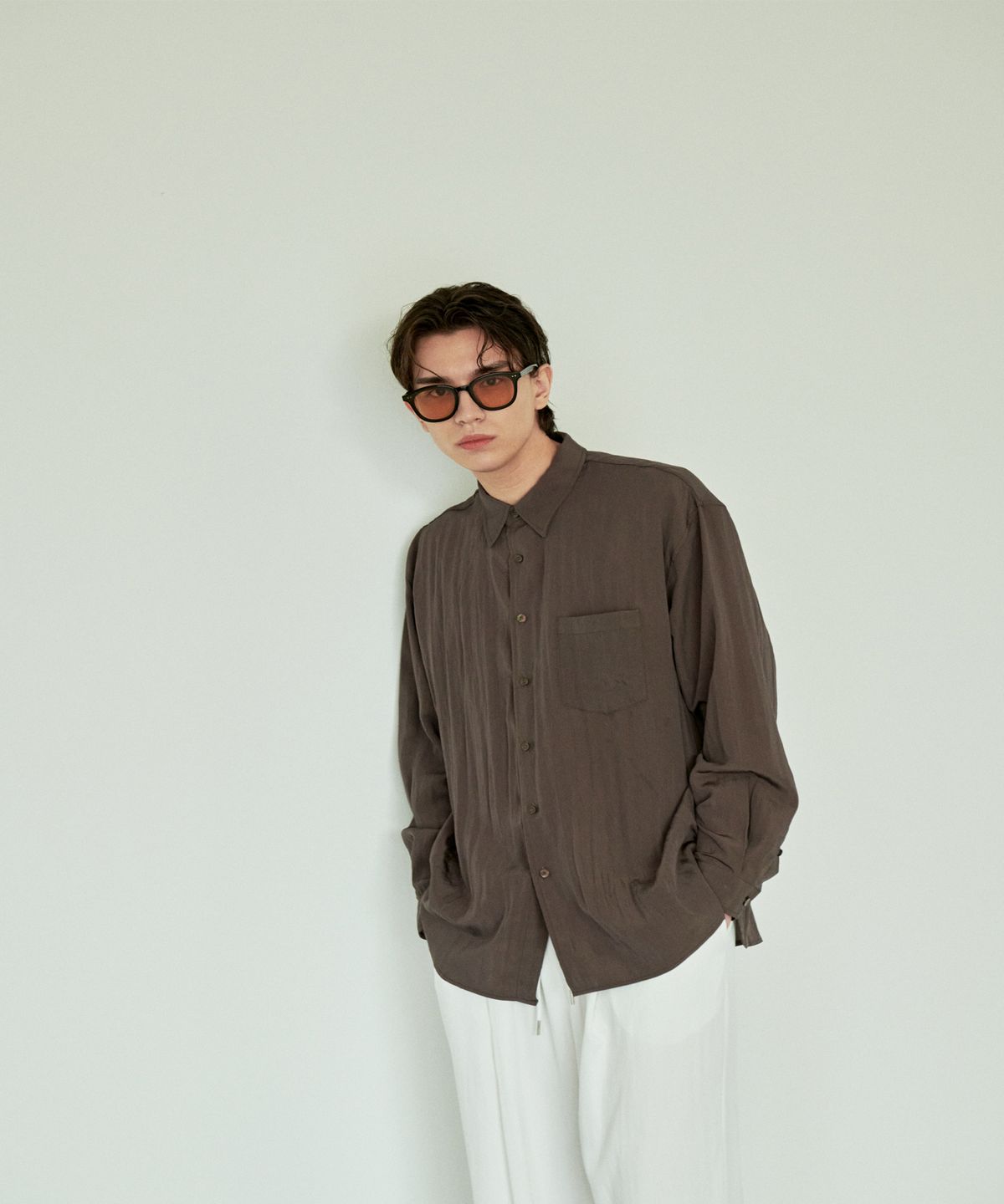 Wrinkle Basic Over Shirt Brown - detail 2